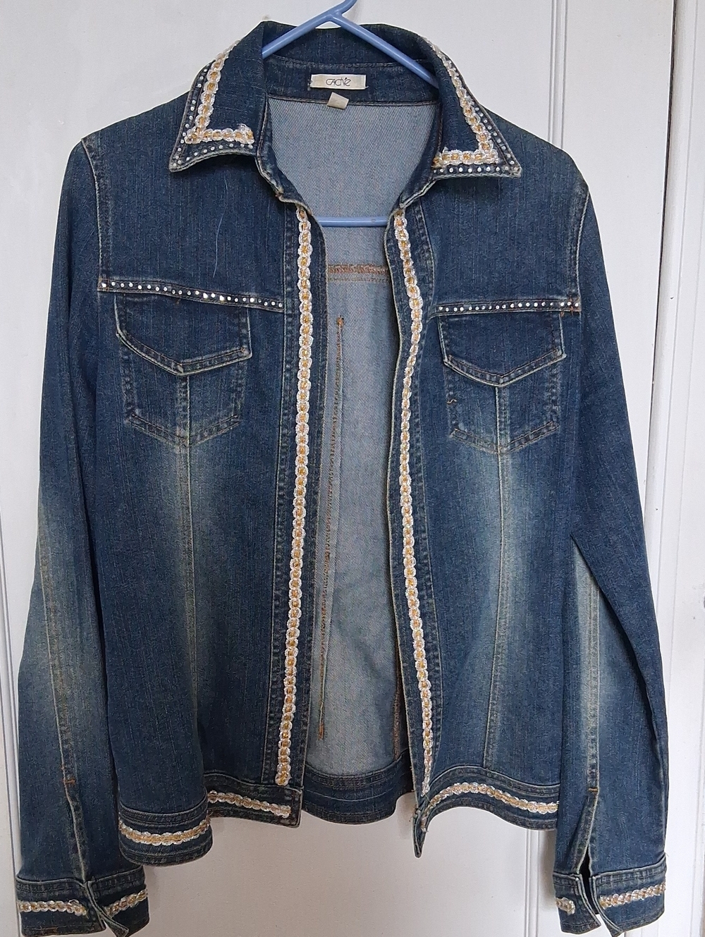 Cache Women’s Blue Denim Jacket Upcyled by Vera w Embellished Silver Ribbon Trim